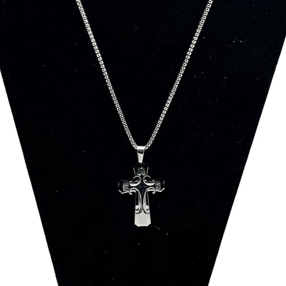 Mens Medieval Stainless Steel Cross Pendant Necklace With Box Chain - Picture 9 of 13